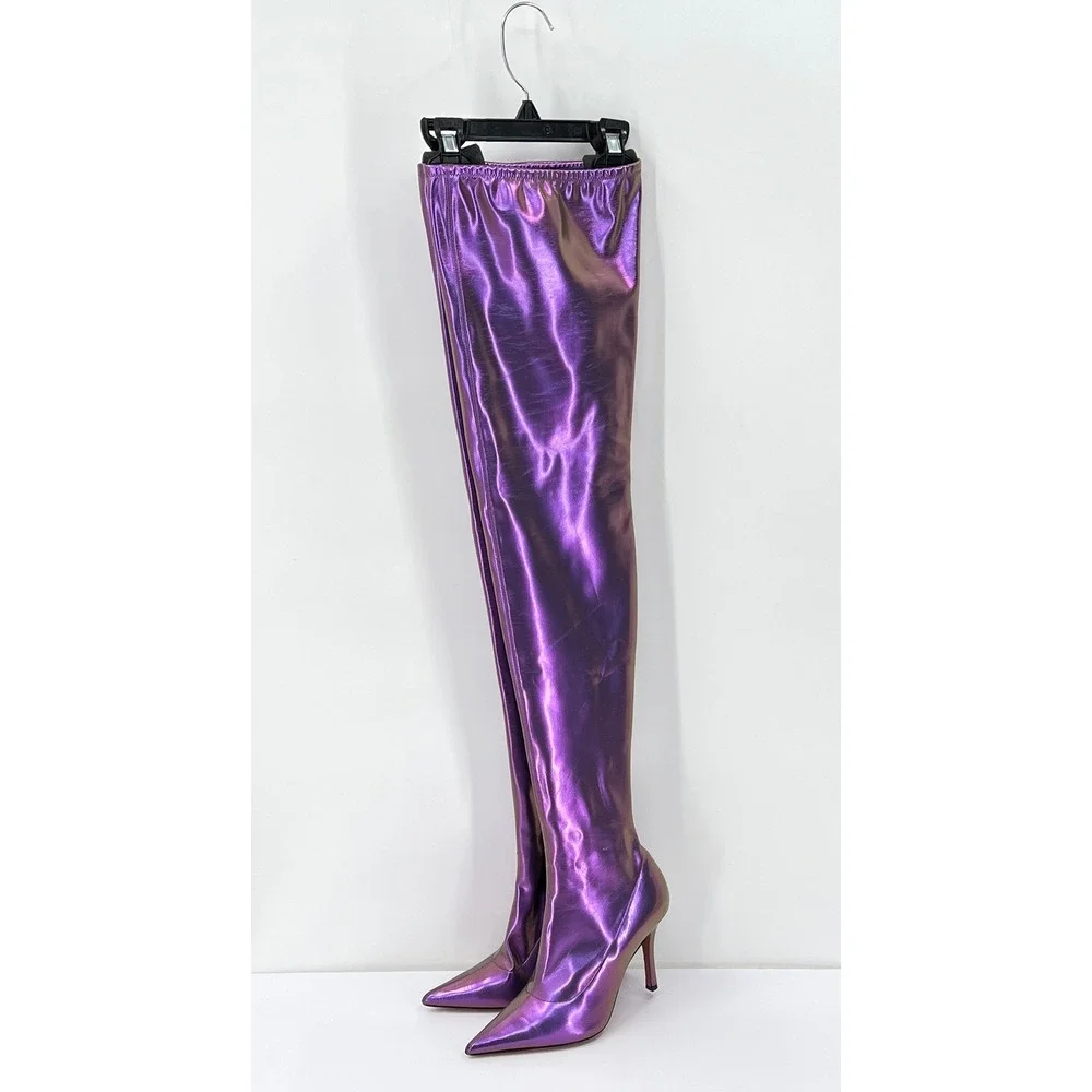 AMINA MUADDI Ami 95mm Thigh High Boot Womens 8.5 Purple Metallic Over The Knee